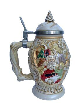 Avon Father Christmas Stein 1994 Ceramic Santa Claus Relief & Hinged Pewter Lid